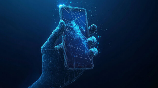 Phone in a Hand with Python Language Symbol on Mobile Screen: Coding Software Concept. Abstract Digital Wireframe, Low Poly Mesh, Polygonal Raster Blue Neon 3D Illustration Featuring Triangles, Lines,