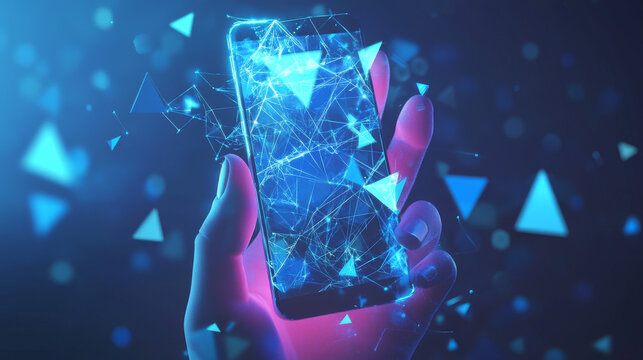 Phone in a Hand with Python Language Symbol on Mobile Screen: Coding Software Concept. Abstract Digital Wireframe, Low Poly Mesh, Polygonal Raster Blue Neon 3D Illustration Featuring Triangles, Lines,
