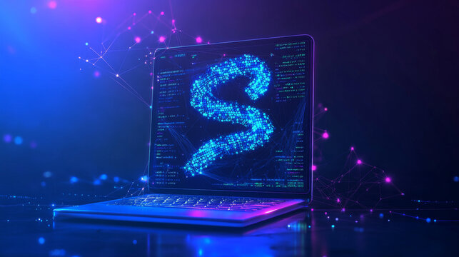 Python Coding Language Sign on Notebook Screen: Device for Programming and Development. Abstract Digital Wireframe, Low Poly Mesh, Raster Blue Neon 3D Illustration Featuring Triangles and Line Dots.

