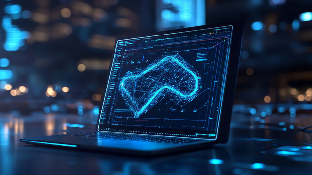 Python Coding Language Sign on Notebook Screen: Device for Programming and Development. Abstract Digital Wireframe, Low Poly Mesh, Raster Blue Neon 3D Illustration Featuring Triangles and Line Dots.

