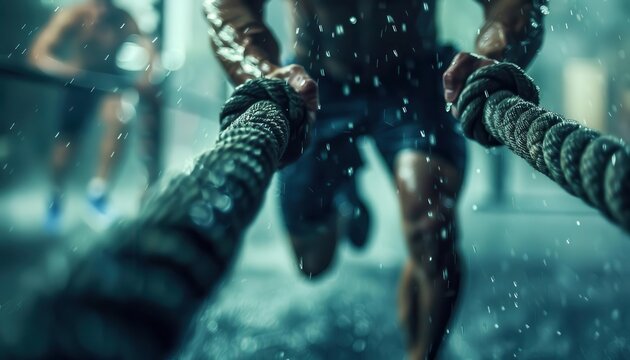 Athletes training with dynamic scenes, intense and focused, Sport, Cool tones, Photograph, Physical dedication