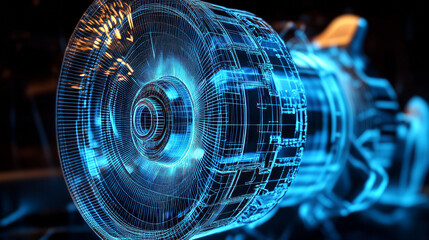 Rotating Fan Turbine in Hologram Wireframe Style: Impressive 3D Rendering.

