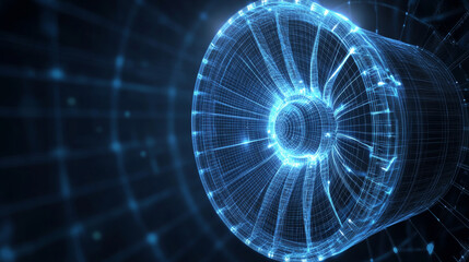 Rotating Fan Turbine in Hologram Wireframe Style: Stunning 3D Rendering.

