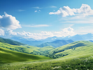 Naklejka premium A tranquil countryside scene with rolling green hills, a clear blue sky dotted with fluffy clouds, and a peaceful meadow of grass, capturing the natural beauty and serenity of a mountainous landscape