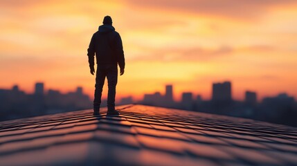 A lone figure stands on a rooftop against a vibrant sunset, surrounded by city silhouettes, evoking a sense of adventure and exploration.