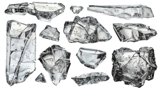 Enhance your designs with this striking set of cracked and chipped broken glass pieces, captured in detail. Perfect for creative projects that require a touch of edginess or texture, these images