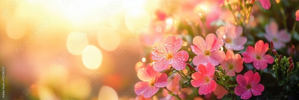 Poster delicate pink blossoms shine with dew droplets, illuminated by the gentle sunlight filtering through