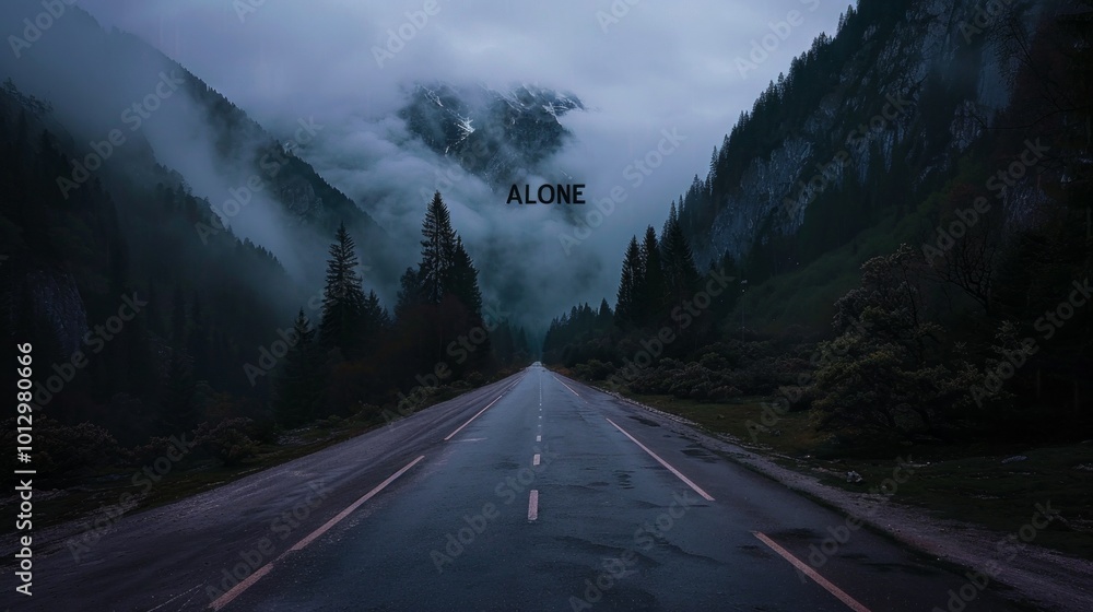 Poster a road with a mountain in the background and the word alone written on it