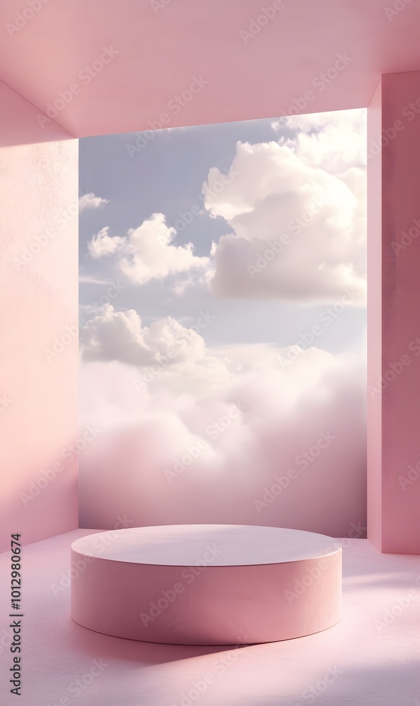 Poster 56. a soft pink 3d rendering featuring a geometric podium against a minimalistic white cloud backgro