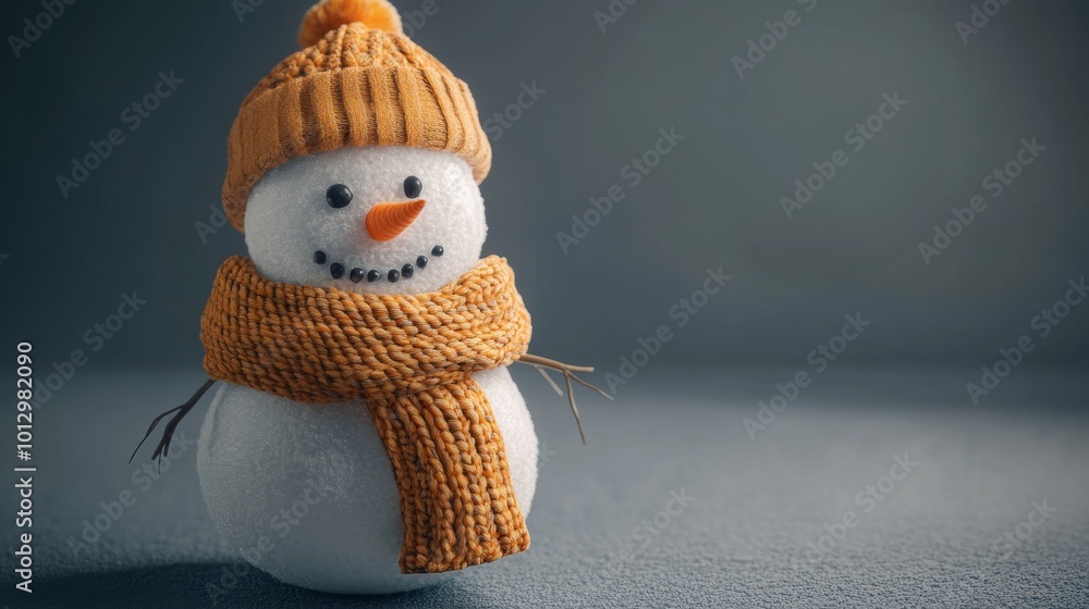Poster a simple yet charming snowman dressed in a cozy orange knitted hat and scarf, standing against a min