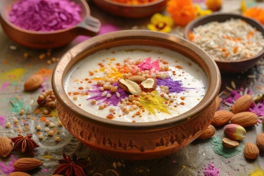 Holi festival tradition  Thandai Sardai milk with nuts and color.