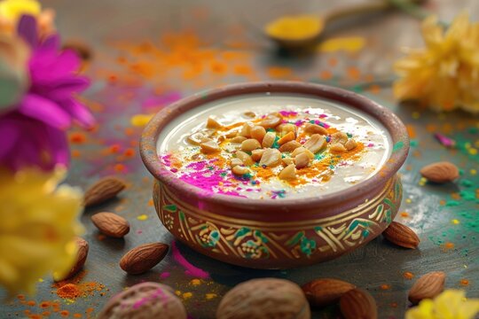 Holi festival tradition  Thandai Sardai milk with nuts and color.