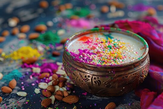 Holi festival tradition  Thandai Sardai milk with nuts and color.