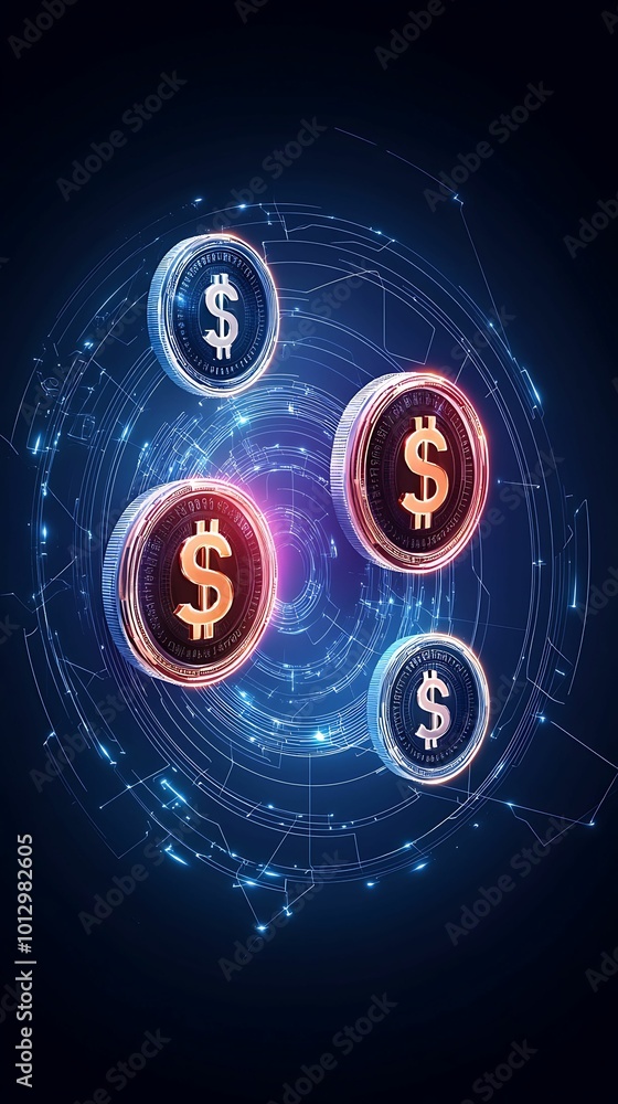 Poster a visually striking representation of digital currency symbols illuminated against a dark background