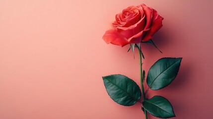 Fototapeta premium A beautiful red rose elegantly displayed against a soft pink background, symbolizing love and passion.
