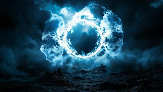 Mystical circular portal hovers in turbulent night sky. Swirling blue-white energy forms gateway. Dark storm clouds surround ethereal opening. Eerie glow illuminates dramatic scene.	