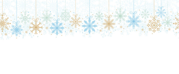 Seamless snowflake border, festive decoration on white background, Merry Christmas design for greeting card, horizontal new year background, headers, posters, cards, website, and flyers. Vector.