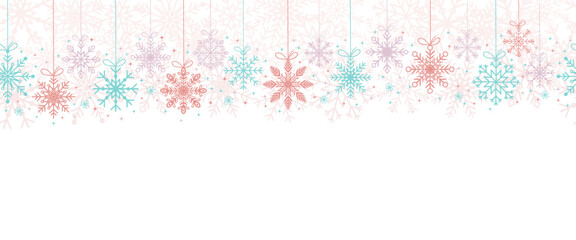 Seamless snowflake border, festive decoration on white background, Merry Christmas design for greeting card, horizontal new year background, headers, posters, cards, website, and flyers. Vector.
