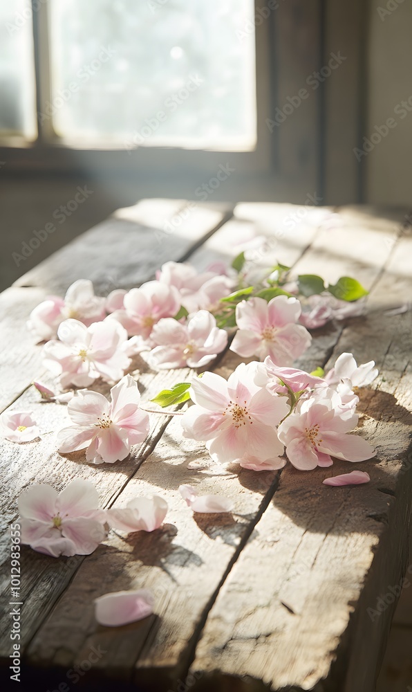Poster 61. a charming spring display featuring delicate pink blossoms arranged on a rustic wooden table, wi