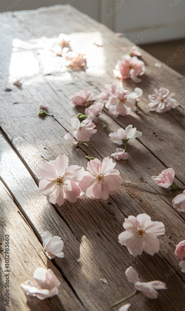 Poster 61. a charming spring display featuring delicate pink blossoms arranged on a rustic wooden table, wi