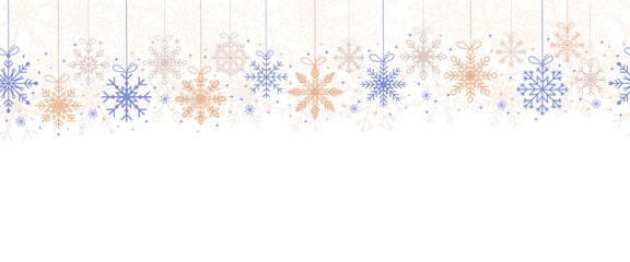 Seamless snowflake border, festive decoration on white background, Merry Christmas design for greeting card, horizontal new year background, headers, posters, cards, website, and flyers. Vector.