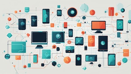 A digital illustration of interconnected devices and technology elements.
