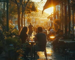 Naklejka premium People relaxing with serene settings, peaceful and inviting, Urban, Soft tones, Photograph, Leisure time