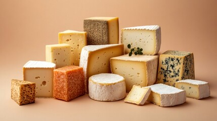 Variety of artisan cheeses assorted on natural wooden table indoors