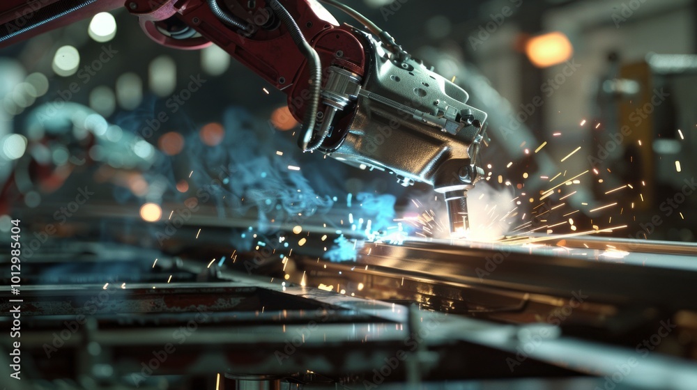 Poster A robot is working on a piece of metal, creating sparks and heat