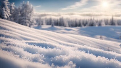 A serene winter landscape with soft snow covering rolling hills under a bright sky.