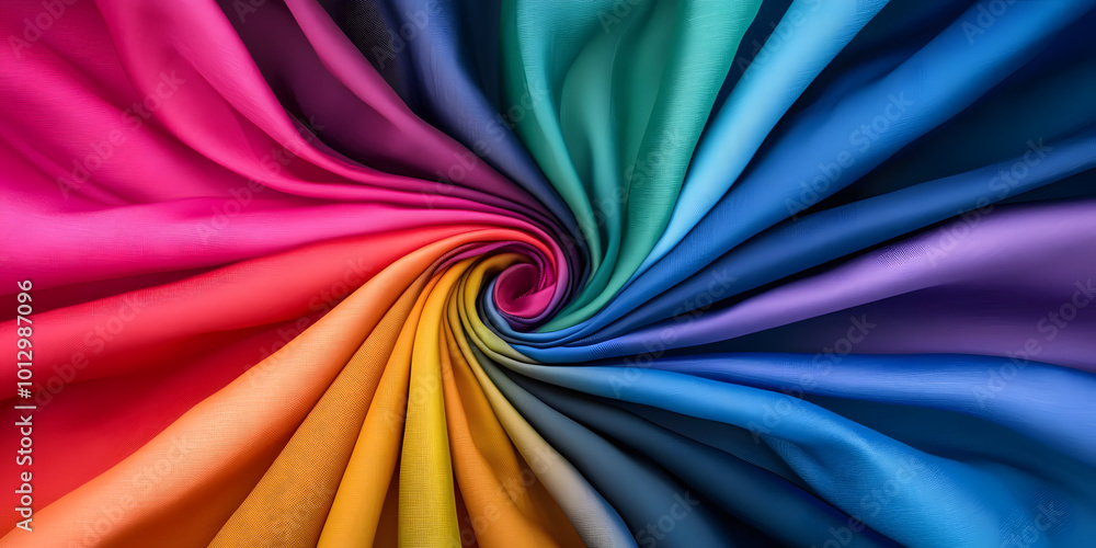 Poster a vibrant spectrum of colorful fabric folds spiraling towards the center, creating a dynamic and eye