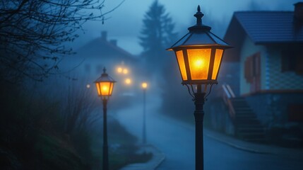 Vintage street lamps illuminating foggy village at dusk with blue atmosphere