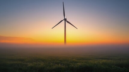 Obraz premium Wind turbine in misty field during bright sunset, symbolizing renewable energy and sustainability