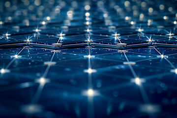 Obraz premium A blue background with many small lights on it. The lights are arranged in a grid pattern. The image has a futuristic and technological feel to it