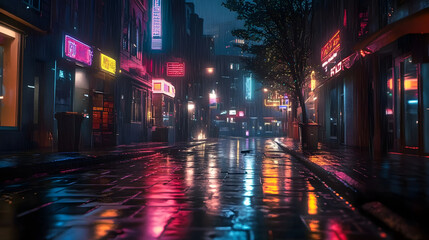 Fototapeta premium Rainy neon-lit street at nighttime in city