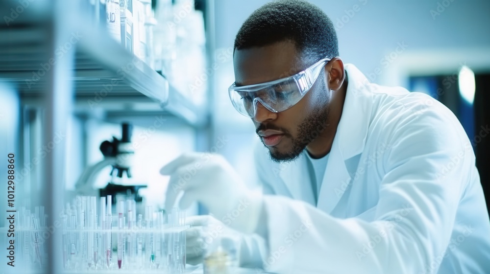 Aufkleber a focused scientist carefully handles test tubes and samples in a laboratory while wearing a lab coa