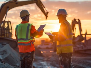 Construction Workers Discussing Plans at Sunset