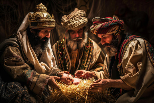 Three Wise Men from the East Bringing Gold Frankincense and Myrrh to Baby Jesus in a Christmas Nativity Scene