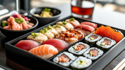 Traditional Japanese bento box containing various types of sushi, including nigiri and rolls, decorated with caviar and vegetables and soy sauce
