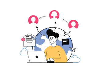 A man sits at a laptop, connected to people around the globe through email and messaging. The image symbolizes global communication and networking.