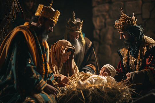 Three Wise Men from the East Worshipping Baby Jesus in the Nativity Scene with Gifts of Gold Frankincense Myrrh