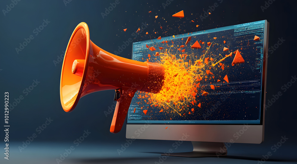 Aufkleber contemporary conceptual image of a computer monitor with a bright orange megaphone and digital netwo