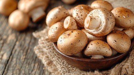 Close up of wooden bowl with fresh brown champignons on wooden surface with piece of burlap underneath, organic