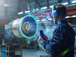 Technician Examining Jet Engine with Augmented Reality