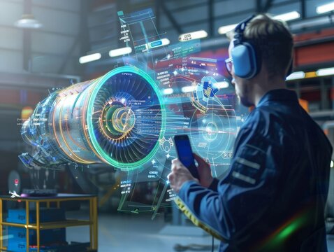 Technician Examining Jet Engine with Augmented Reality