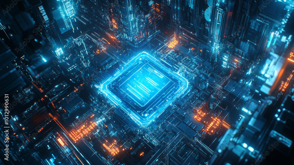 Aufkleber a futuristic scene with a glowing blue ai chip, surrounded by electrical lines and a holographic ima