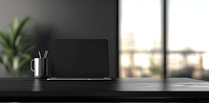 Laptop and coffee cup on black table in office. Workplace concept