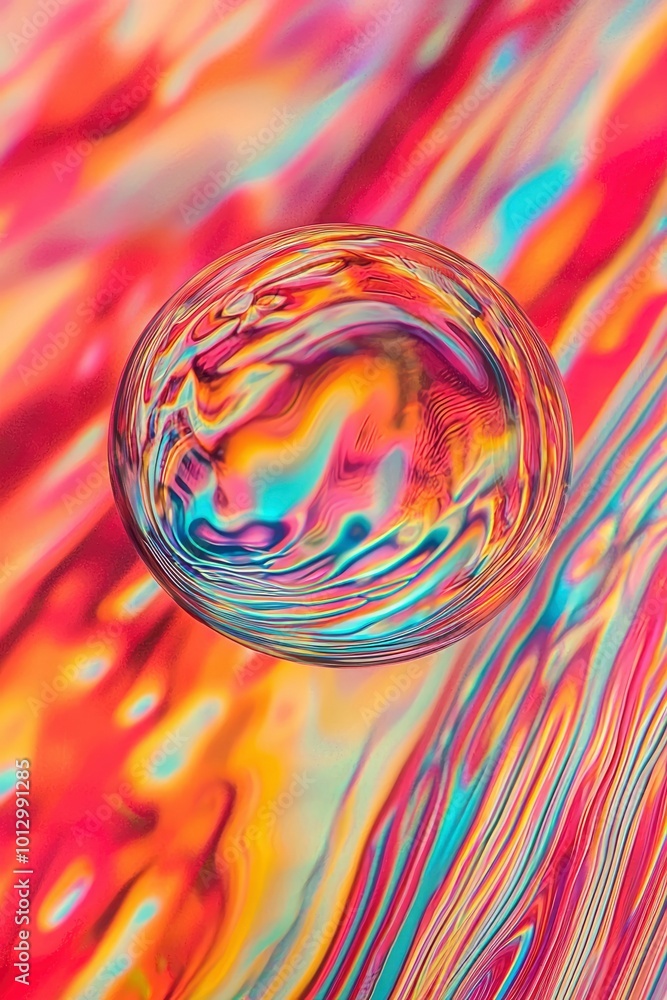 Poster a single transparent orb floating on a vibrant multicolored surface