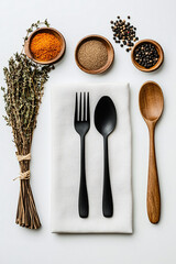 beautifully arranged flat lay featuring various spices, herbs, and utensils, creating warm and inviting atmosphere for cooking