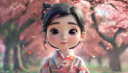 3D animated cute young girl wearing a traditional kimono, standing amidst beautiful blooming sakura trees